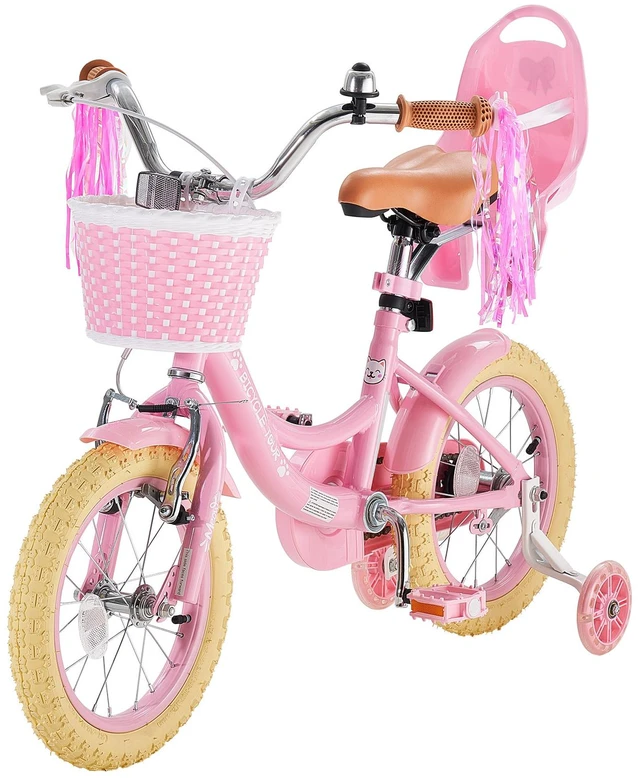 Main image of VEVOR Kids Bike, 14 Inch Children Bicycle, Training Wheels Princess Pink, for Girls Ages 3-5, Adjustable Seat, Front Brake and Rear Coaster Brake, Front Basket, Doll Seat, High-Carbon Steel Frame