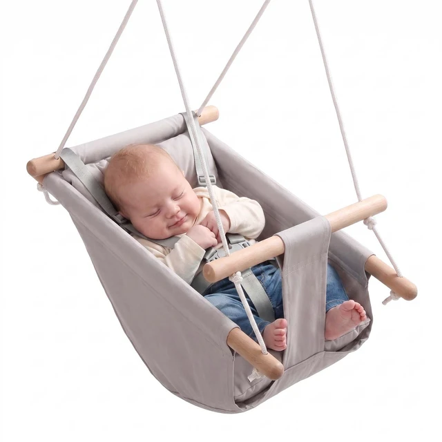 Main image of VEVOR Baby Swing 66 lbs Weight Capacity 3 Modes Canvas Hammock Swing Gray, for Indoor and Outdoor, 5-Point Harness and Tree Straps, Wooden Hanging Seat with Integrated Cushion for Baby to Toddler