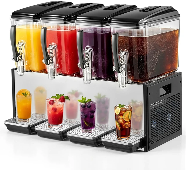 Main image of VEVOR Commercial Beverage Dispenser 4 Tanks 12 L / 12.7 QT Per Tank, Stainless Steel Juice Dispenser, Ice Tea Drink Machine with 45 to 54 Cooling Temperature, for Cold Drink Restaurant Bar Party