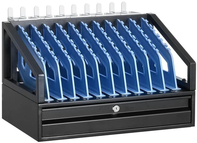 Main image of VEVOR 10-Device Charging Cabinet for Tablet & Laptop, Open Charging Station, for Homes, Classrooms, Offices, Fits Devices up to 15.6 in, Key Lock & Storage Drawer, Desktop Use, Steel Lock Box, Black