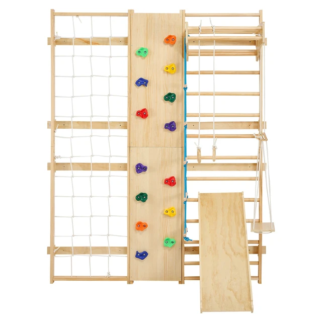 Alt view image 8 of 8 - Swedish Ladder Wall Gym, 9-in-1 12-Level Solid Wood Gymnastic Stall Bars for Kids Adults, 220LBS Indoor Jungle Gym with Rock Climbing Wall, Gym Rings, Pull-Up Bar, Climbing Board, Slide, Swing