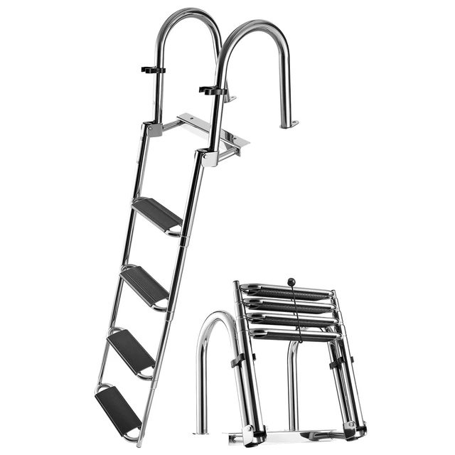 Alt view image 8 of 8 - VEVOR Boat Ladder, 4 Steps, Stainless Steel Telescoping Folding Swim Deck Ladder for Rear Entry Inboard, 600lbs Capacity with Extra Wide Anti-Slip Steps & Handrails, for Outboards, Yacht, Pontoon Boat