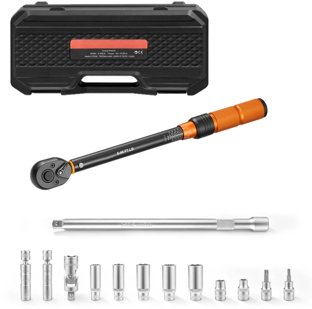 Main image of VEVOR Torque Wrench 3/8-inch Drive Click Torque Wrench Dual Scale Readings, 5-45 lbf-ft / 6.8-61.2 N.m, ±3% High Precision, with Spark Plug Sockets, Bits, Universal Joint, Extension Bar, Storage Case