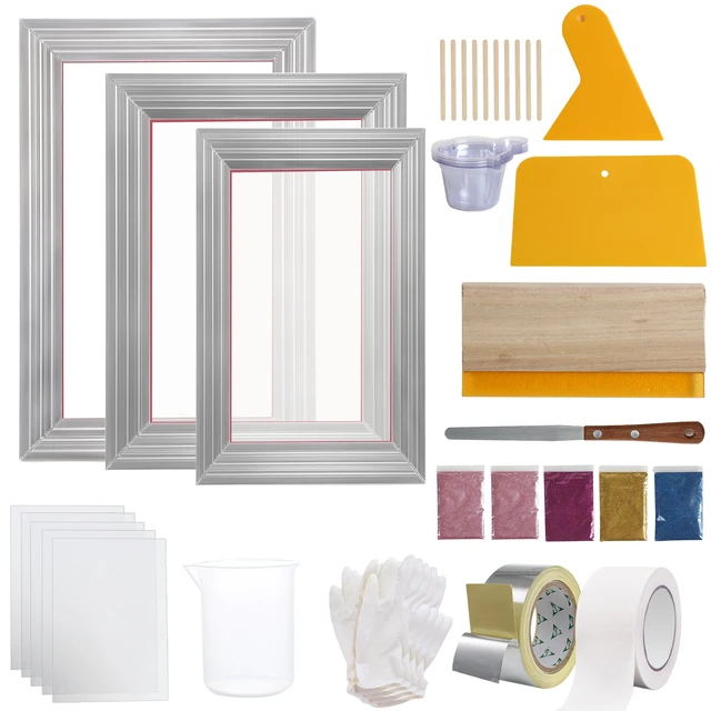 Alt view image 9 of 16 - Screen Printing Kit, 3 PCS Aluminum Silk Screen Printing Frames, 5 Glitters and Screen Printing Squeegees and Transparency Films, 6x10/8x12/10x14inch 110 Count Mesh, for DIY T-shirts Printing