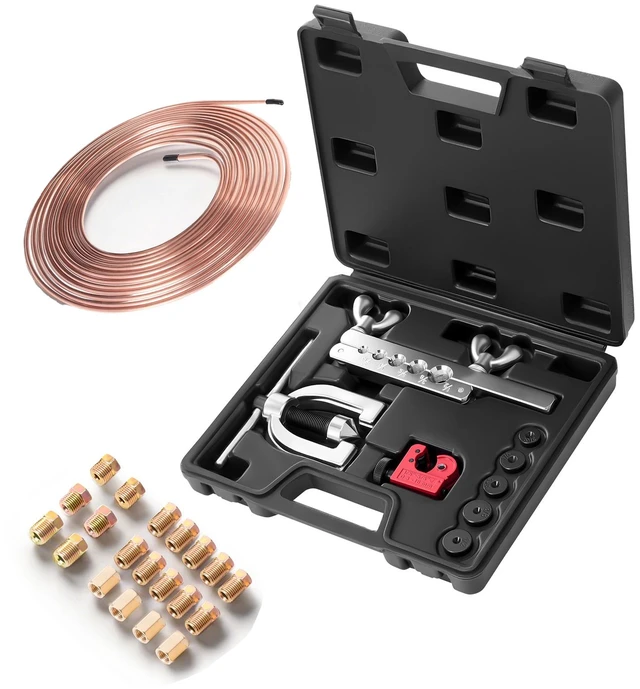 Alt view image 8 of 8 - VEVOR 3/16" Brake Line Repair Kit, 45° Double & Single Brake Line Flaring Tool Kit, 25FT Copper Coated Brake Line (with 16 Fittings & 4 Unions) - Tube Cutter, 5 Adapters and Toolbox Included