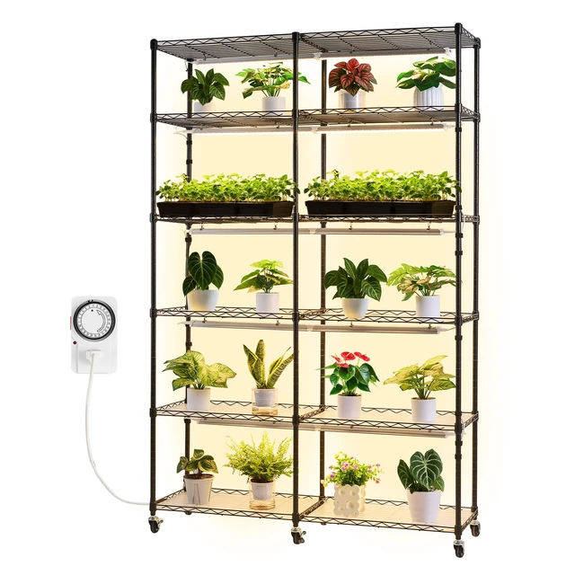Alt view image 9 of 9 - VEVOR Plant Shelf with Grow Light, 6-Tier Double-Row Plant Stand, 71in Tall Indoor Plants Display Rack with Wheels & Timer, 200W Full Spectrum Grow Lights, Metal Flower Pot Holder for Seed Starting