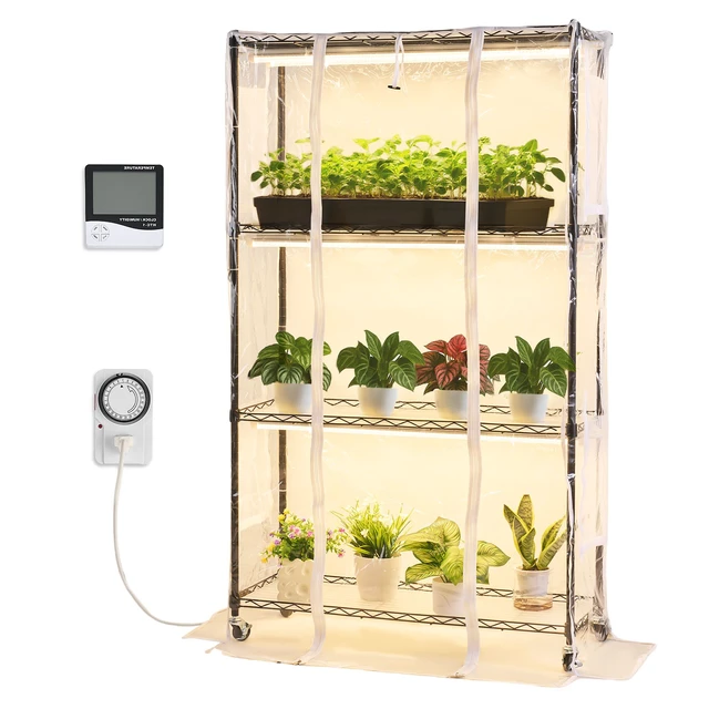 Alt view image 9 of 9 - VEVOR Indoor Greenhouse with Grow Light, 59 in Tall 4-Tier Plant Stand with Clear Cover, Timer & Hygrometer, 180W Full Spectrum Grow Lights, Metal Lighted Plants Shelf Holder for Indoor Plants