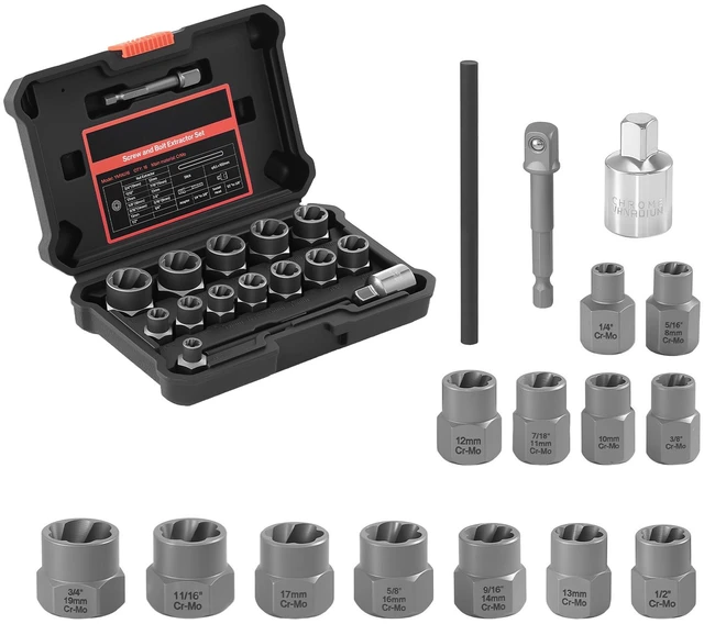Alt view image 8 of 8 - VEVOR Bolt Extractor Kit, 16 Pieces Impact Bolt & Nut Remover Set with Adapters and Pin Punch, Solid Storage Case, Cr-Mo Steel for Removing Damaged, Rusted, Stripped, Rounded Bolts, Nuts and Screws