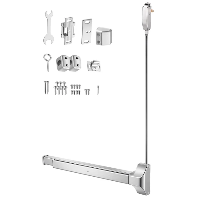 Alt view image 8 of 8 - VEVOR Push Bar Panic Exit Device, 28" Stainless Steel Commercial Panic Bar for Exit Doors, Emergency Exit Door Hardware with Vertical Top Rod and Sticker, for 28"-41" Wood or Metal Door, Silver