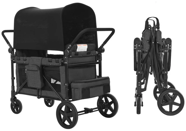 Alt view image 9 of 9 - Wagon Stroller for 4 Kids Push Pull Quad Collapsible Stroller for Camping 330LBS