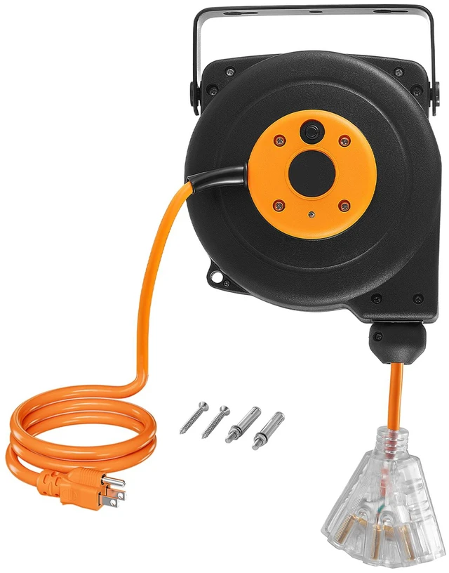 Main image of VEVOR Retractable Extension Cord Reel 25FT Heavy Duty 14AWG/3C SJTOW Orange, for Ceiling/Wall Mount, 13A Circuit Breaker, Automatic Retractable Power Cord, Lighted Triple Tap, with 180° Swivel Bracket