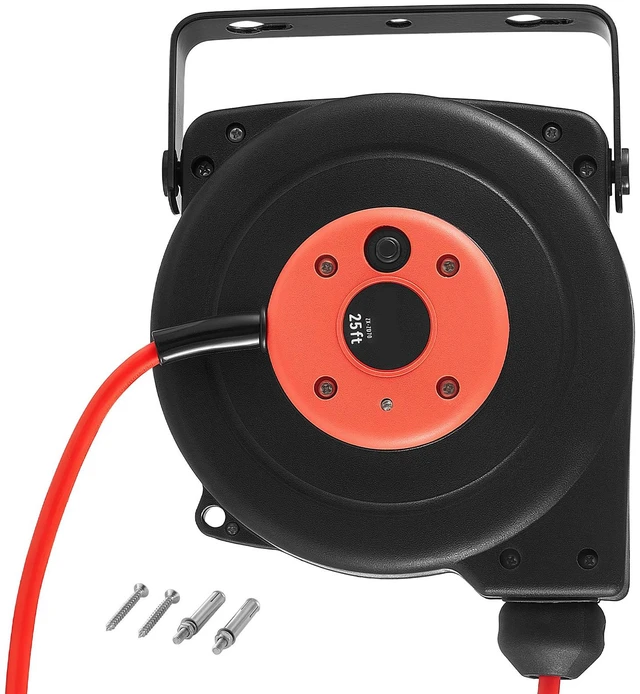 Main image of VEVOR Retractable Extension Cord Reel 25FT Heavy Duty 14AWG/3C SJTOW Red, for Ceiling/Wall Mount, 13A Circuit Breaker, Automatic Retractable Power Cord, Lighted Triple Tap, with 180° Swivel Bracket