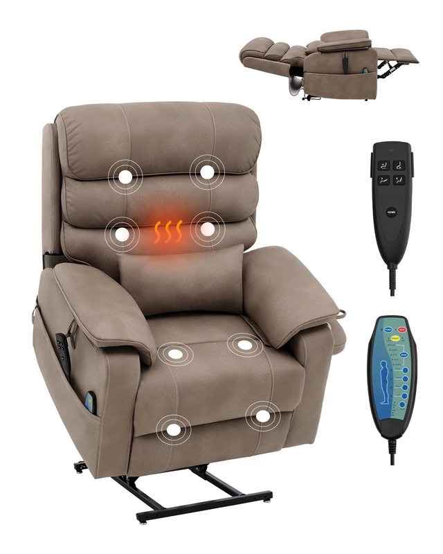 Alt view image 9 of 9 - Vevor Power Lift Recliner Chair, Medium-Wide Lay Flat Dual Motor Sofa with Massage and Heat for Elderly People, Cup Holders, Wireless Charging Pad, Light Brown