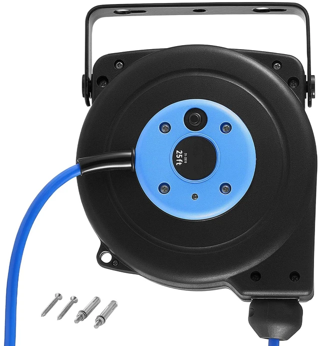 Main image of VEVOR Retractable Extension Cord Reel 25FT Heavy Duty 14AWG/3C SJTOW Blue, for Ceiling/Wall Mount, 13A Circuit Breaker, Automatic Retractable Power Cord, Lighted Triple Tap, with 180° Swivel Bracket