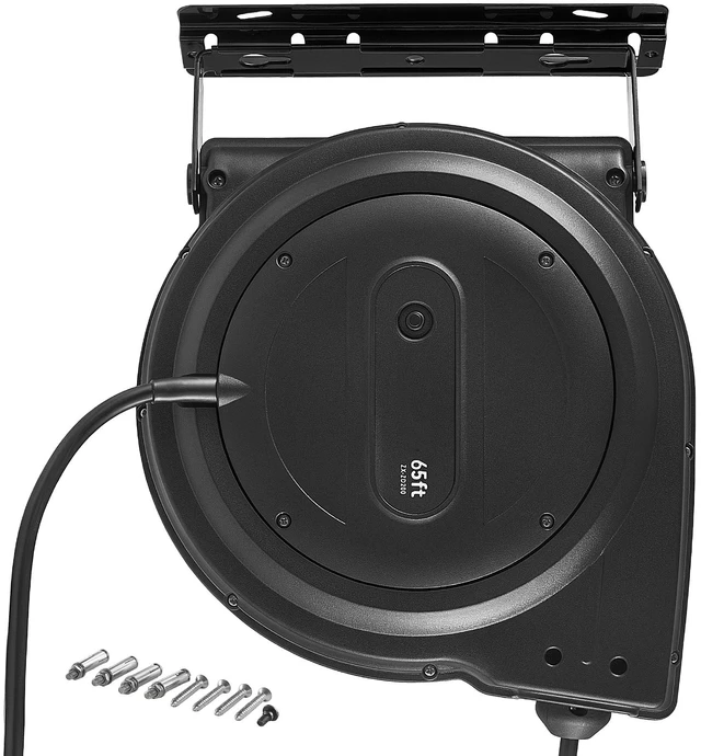 Main image of VEVOR Retractable Extension Cord Reel 65FT Heavy Duty 12AWG/3C SJTOW Black, for Ceiling/Wall Mount, 15A Circuit Breaker, Automatic Retractable Power Cord, Lighted Triple Tap, with 180° Swivel Bracket