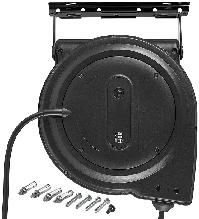 Main image of VEVOR Retractable Extension Cord Reel 80FT Heavy Duty 12AWG/3C SJTOW Black, for Ceiling/Wall Mount, 15A Circuit Breaker, Automatic Retractable Power Cord, Lighted Triple Tap, with 180° Swivel Bracket