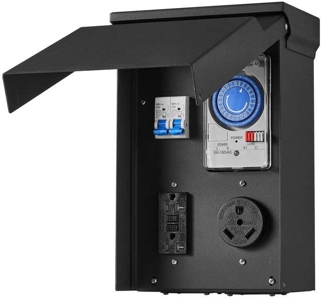 Main image of VEVOR Temporary Power Outlet Panel with Timer 30A/20A RV Electrical Box, for RV Hookup Camper Travel Trailer EV Electric Car, NEMA 30 Amp GFCI 20 Amp Receptacle Installed, NEMA 3R Weatherproof Box