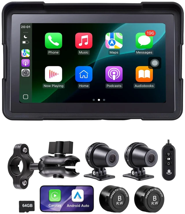 Main image of VEVOR 7 Inch Wireless Motorcycle Carplay with Apple Carplay & Android Auto, HD Touchscreen GPS Navigation System with Dual Cameras & Bluetooth, TPMS, Voice Control, 64GB Card - Fits All Motorcycles
