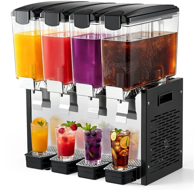 Main image of VEVOR Commercial Beverage Dispenser 4 Tanks 10 L / 10.6 QT Per Tank, Stainless Steel Juice Dispenser, Ice Tea Drink Machine with 45 to 54 Cooling Temperature, for Cold Drink Restaurant Bar Party