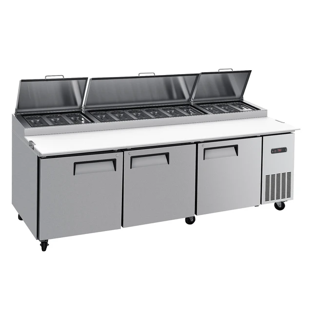 Alt view image 8 of 8 - 93"W Commercial Refrigerator, Pizza Prep Refrigerated Table, 20" Ultra Wide Countertop Food Prep Worktable, 30.8 Cu.Ft Single Door Salad Prep Fridge, 12 Pans Pizza Make Worktop with Cutting Board