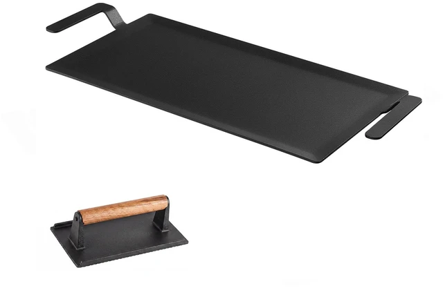 Main image of VEVOR Carbon Steel Griddle 20x10 in Flat Top Pre-Seasoned Plate Handle, for BBQ Eggs Burgers, Non-Stick, Portable Rectangular Family Cookware with Meat Press, for Outdoor Gas Grill/Stove, Induction