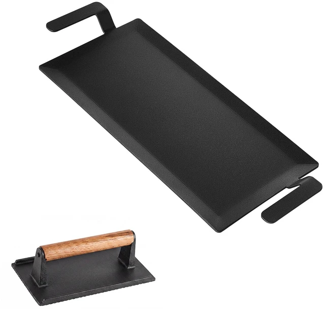 Main image of VEVOR Carbon Steel Griddle 17x9 in Flat Top Pre-Seasoned Plate Handle, for BBQ Eggs Burgers, Non-Stick, Portable Rectangular Family Cookware with Meat Press, for Outdoor Gas Grill/Stove, Induction