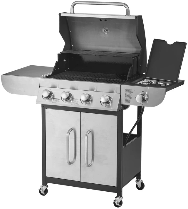Alt view image 9 of 9 - VEVOR Gas Grill, 4 Burner Propane Gas Grill with Side Burner, 425 SQ.In Grilling Area, Carbon Steel Enamel Grates, Outdoor 52,000 BTU Patio Garden BBQ Grills with Two Side Shelves, Stainless Steel