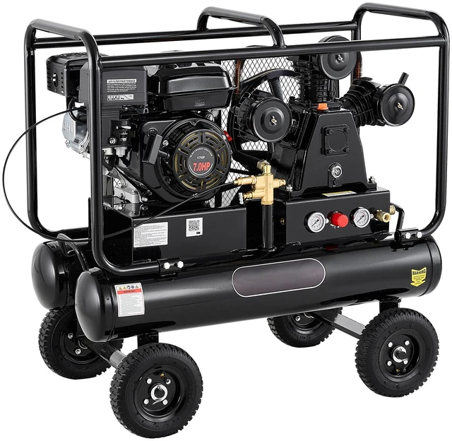Main image of VEVOR 9 Gallon Twin-Tank Gas Powered Air Compressor, 7HP 6.2CFM at 90PSI Gas-Driven Air Compression System with Three-Cylinder Piston Pump, 115 PSI Max Pressure & 4 Wheels for Workshops (4.5 Gal x 2)