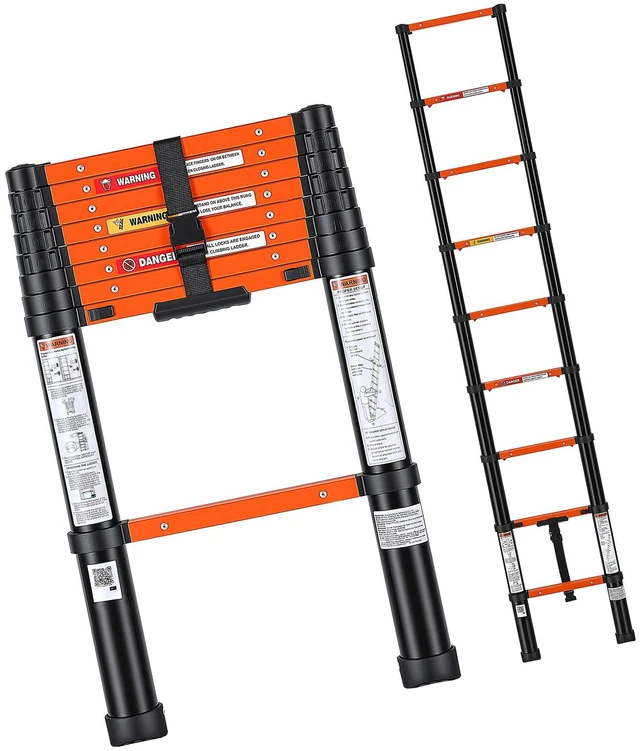 Main image of VEVOR Telescoping Ladder, 8.5 ft Extension Ladder One-Button Retraction, Heavy-Duty 330 lbs Capacity, for Home Repairs, Painting, Window Cleaning and RV, Aluminum, Anti-Slip Steps, Orange & Black