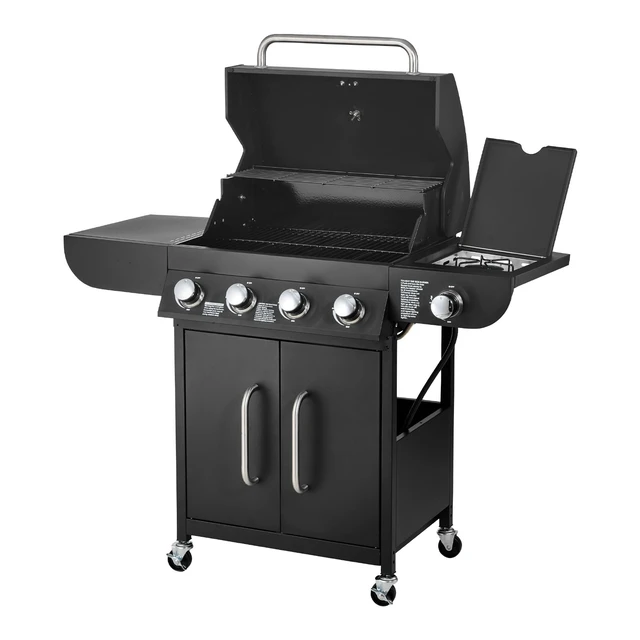 Alt view image 9 of 9 - VEVOR Gas Grill, 4 Burner Propane Gas Grill with Side Burner, 425 SQ.In Grilling Area, Carbon Steel Enamel Grates, Outdoor 52,000 BTU Patio Garden BBQ Grills with Two Side Shelves, Carbon Steel