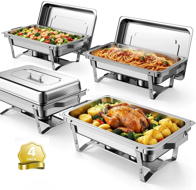 Main image of VEVOR 4 Packs Chafing Dishes for Buffet Set, 9QT Stainless Steel Chafer, for Banquet Party Wedding, Rectangle Buffet Server and Warmer, with 4 Full Size Pans, Fuel Holder, and Foldable Stand