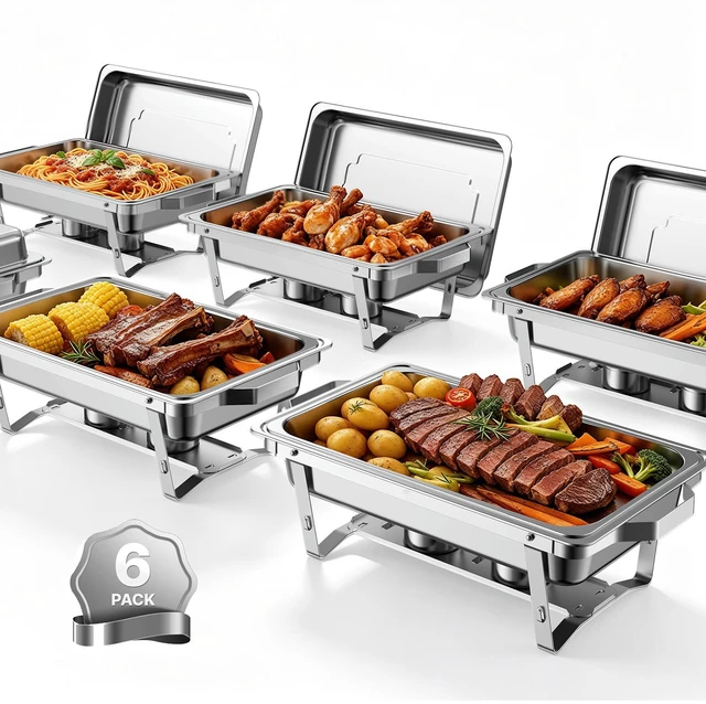 Main image of VEVOR 6 Packs Chafing Dishes for Buffet Set, 9QT Stainless Steel Chafer, for Banquet Party Wedding, Rectangle Buffet Server and Warmer, with 6 Full Size Pans, Fuel Holder, and Foldable Stand
