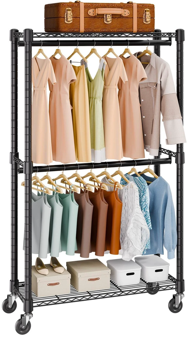 Alt view image 8 of 8 - Heavy Duty Clothes Rack, Double Hanging Rods Clothing Garment Rack with Bottom and Top Storage Tier, Rolling Clothing Rack for Hanging Clothes, 1'' Diameter Thicken Steel Tube Hold Up to 300Lbs