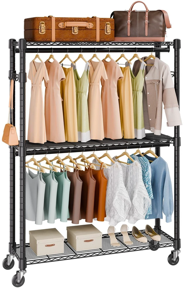 Alt view image 8 of 8 - Heavy Duty Clothes Rack, Rolling Clothing Garment Rack with 3 Storage Tiers, 2 Rods and 2 Pairs Side Hooks, Adjustable Height Clothing Rack Closet for Hanging Clothes, 400 Lbs Load Capacity
