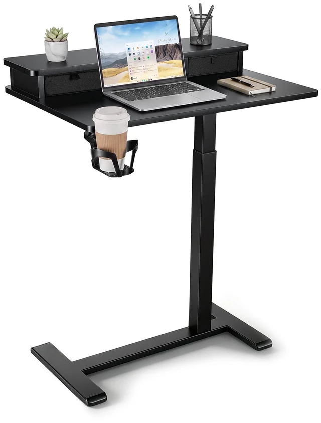 Main image of VEVOR Overbed Table 27.6"W x 19.7"D Mobile Bedside Table with Hidden Wheels, for Home Office Bed Couch, Height Adjustable Rolling Laptop Desk, Standing Cart with 2-Layer Top, Drawer, Cup Holder, Black