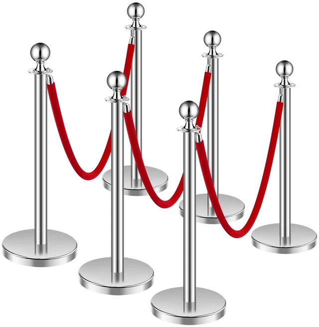 Alt view image 8 of 8 - Stanchions and Velvet Ropes 6Pcs, Hollow Base with Stainless Steel Post, 3 Red Velvet Ropes and Posts, Crowd Control Barriers Silver Stanchions, Red Carpet Runner Poles for Party Supplies