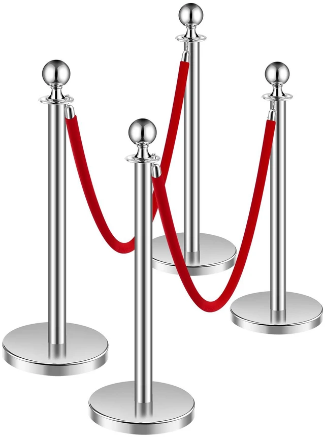 Alt view image 8 of 8 - Stanchions and Velvet Ropes 4Pcs, Hollow Base with Stainless Steel Post, 2 Red Velvet Ropes and Posts, Crowd Control Barriers Silver Stanchions, Red Carpet Runner Poles for Party Supplies
