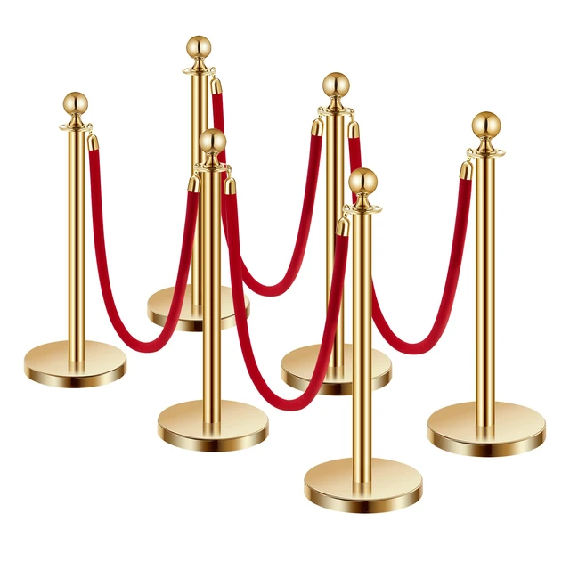 Alt view image 9 of 9 - Stanchions and Velvet Ropes 6Pcs, Hollow Base with Stainless Steel Post, 4 Red Velvet Ropes and Posts, Crowd Control Barriers Gold Stanchions, Red Carpet Runner Poles for Party Supplies