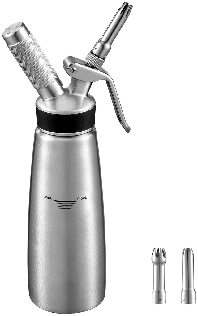 Main image of VEVOR Professional 304 Stainless Steel Whipped Cream Dispenser 500ml, Leak-Free Whipped Cream Maker, Whip Cream Canister with 3 Decorating Nozzles & Cleaning Brush, NO Chargers (Not Included)