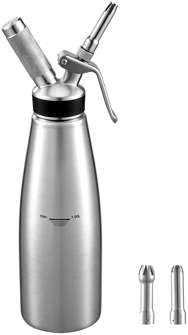 Main image of VEVOR Professional 304 Stainless Steel Whipped Cream Dispenser 1000ml, Leak-Free Whipped Cream Maker, Whip Cream Canister with 3 Decorating Nozzles & Cleaning Brush, NO Chargers (Not Included)