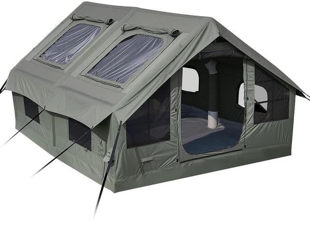 Main image of VEVOR Inflatable Tent for Camping 5-8 Person Blow Up Tent with Pump Green, for Family Outdoor Glamping, Waterproof Poly-Cotton, Easy Setup Air House with Skylight, Stove Jack, Mesh Windows & Carry Bag