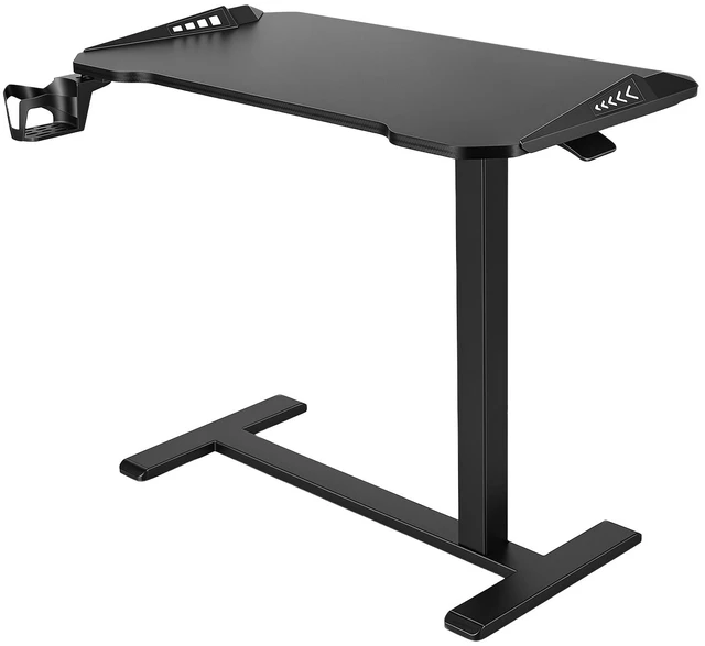 Main image of VEVOR Overbed Table 31.5"W x 17.7"D Mobile Gaming Desk with Hidden Wheels, for Home Office Bed Couch, Height Adjustable Bedside Rolling Laptop Desk, Standing Cart with RGB Light & Cup Holder, Black