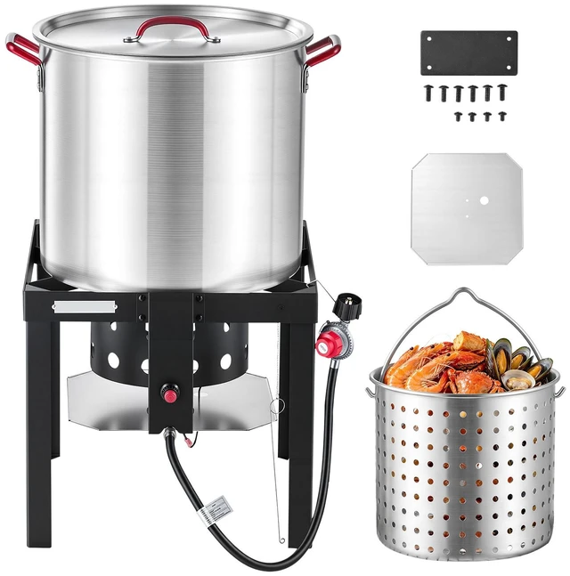 Main image of VEVOR 60 Qt Seafood Boiling Kit with Strainer, Aluminum Crawfish Boiler, Outdoor Backyard Cooking for Crab, Shrimp, Lobster, Soup, Deep Fryer Steamer Set with Stand and 110,000 BTU Propane Burner