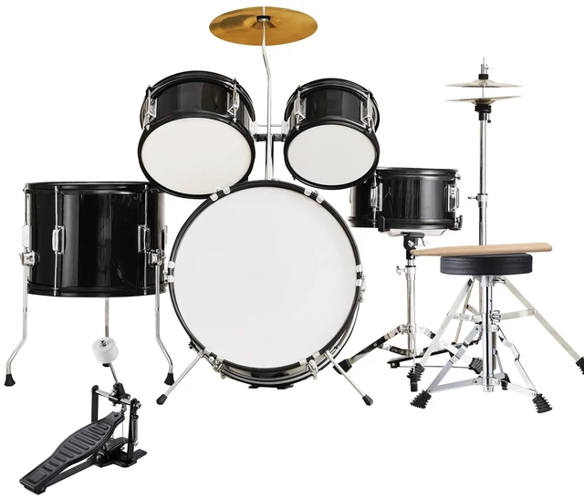 Alt view image 9 of 9 - Kids Drum Set, 5-Piece, 16 in Beginner Full Drum Set with Bass Toms Snare Floor Drum Adjustable Throne Cymbal Hi-Hat Pedal and Two Pairs of Drumsticks, Starter Drum Kit for Child Kids, Black