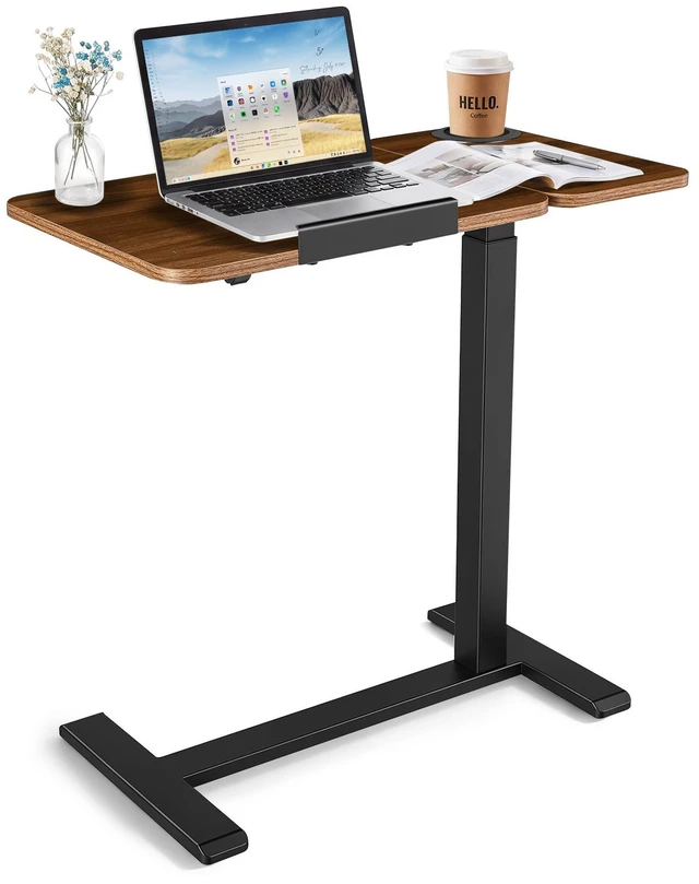 Main image of VEVOR Overbed Table 27.6"W x 15.7"D Mobile Bedside Table with Hidden Wheels, for Home Office Bed Couch, Height Adjustable Rolling Laptop Desk, Standing Cart with Tilting Desktop & Cup Holder, Brown