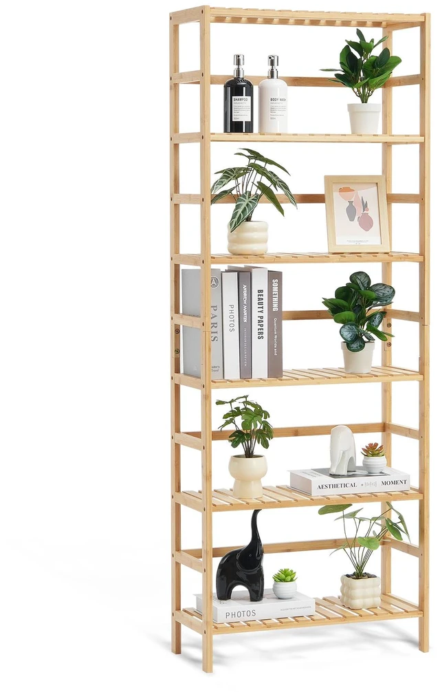 Alt view image 8 of 8 - 6-Tier Bamboo Shelf, Open Wood Bookshelf, Display Storage Rack Organizer, Freestanding Flower Plant Stand, Multifunctional Bamboo Bookshelf Ideal for Bathroom, Bedroom, Office, Study, Natural