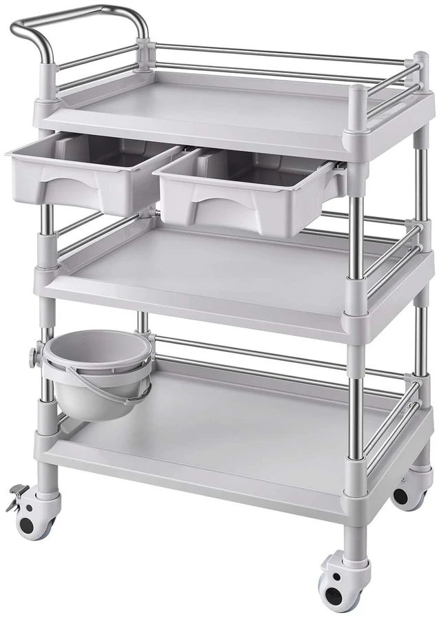 Main image of VEVOR Medical Cart Three-Tier Medical Trolley Cart with 2 Drawers 110.23lbs, for Clinic, Hospital, Beauty Salon, Lab, with a Waste Tray, Stable Support, Medical Trolley Cart with Casters and Handle