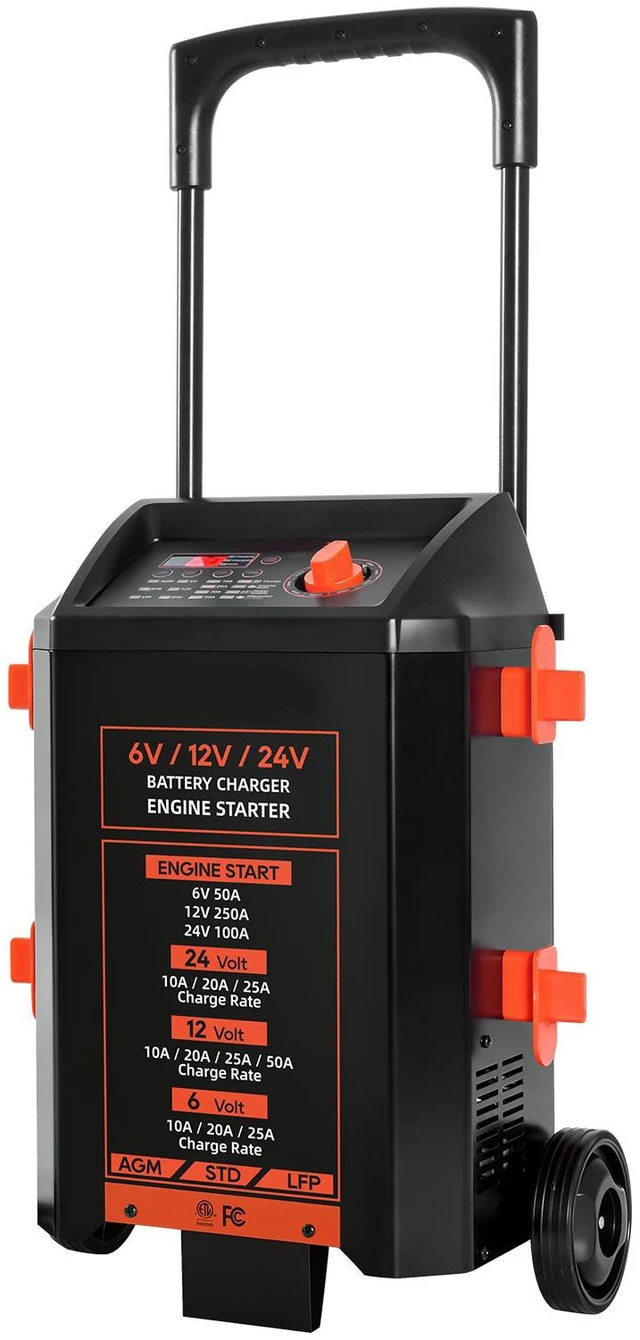 Main image of VEVOR Wheeled Battery Charger 6V/12V/24V 50A/250A/100A Car Charger Starter, Heavy Duty Automotive Car Battery Maintainer Engine Start, Fully Automatic, with Wheels, for Lead-Acid and Lithium Batteries