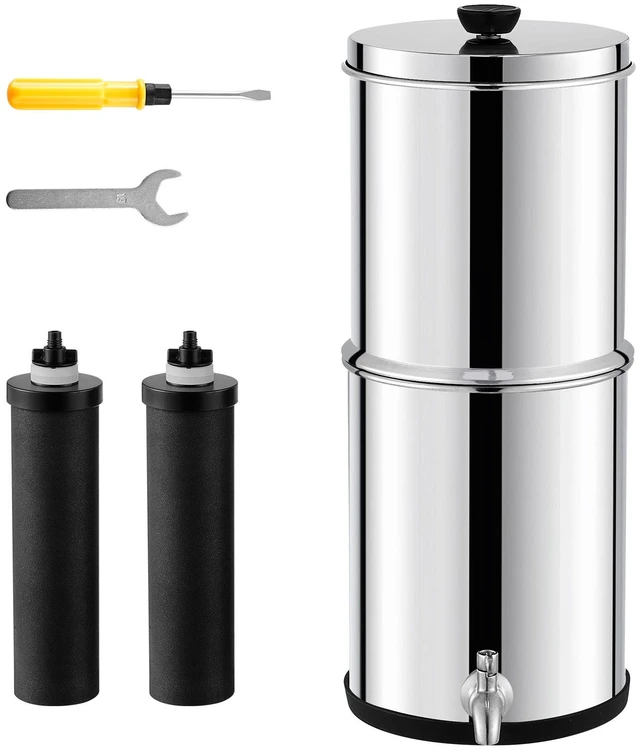 Alt view image 15 of 15 - VEVOR 2.25G Gravity-fed Water Filter Countertop System Stainless Steel 2 Filters
