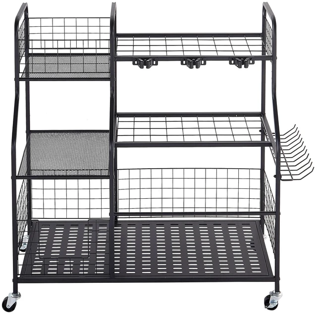Main image of VEVOR Garden Tool Organizer with Wheels, Large Metal Garage Storage Rack, for Rakes/Shovels/Brooms, Yard Utility Tool Holder for Shed/Outdoor/Lawn Organization, Heavy-Duty Steel, with Hooks, Black